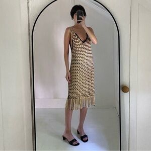 Edun Macrame Fringe Midi Dress in Black Multi NWT